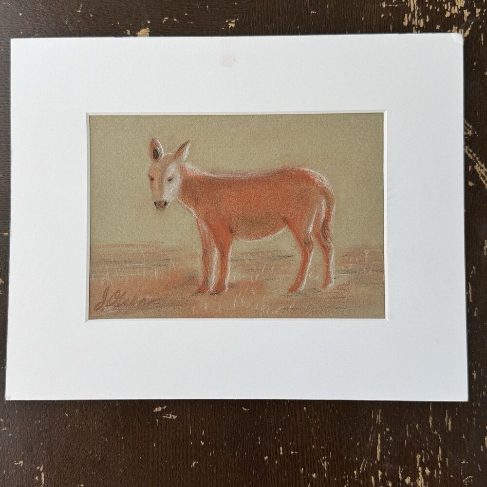 Pastel Painting Original Signed 6x9 On 8x10 Mat Donkey Earth Toned Landscape